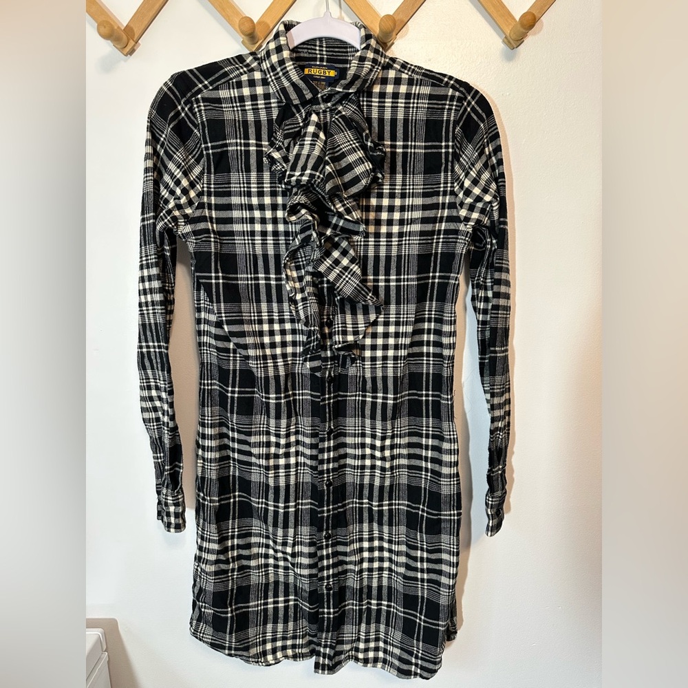 Ralph Lauren Rugby Sm Plaid Shirtdress Ruffle Neck Dark Academia 90s Preppy Y2K